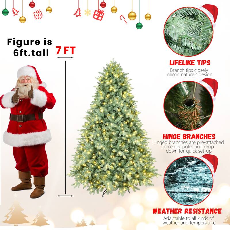 7.5FT Blue-Green Tint Pre-Lit Christmas Tree with 800 Warm White LED Lights-2908 PE+PVC Tips,Hinged Branches,Sturdy Metal Stand