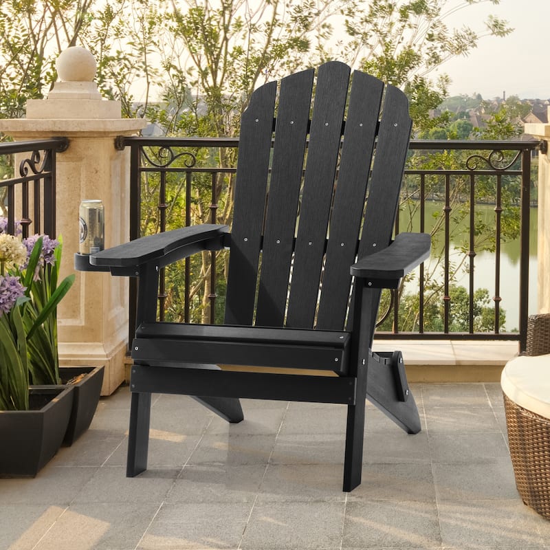 LIVOOSUN Outdoor Folding Adirondack Chair w/Cup Holder,Fire Pit Chairs - Black