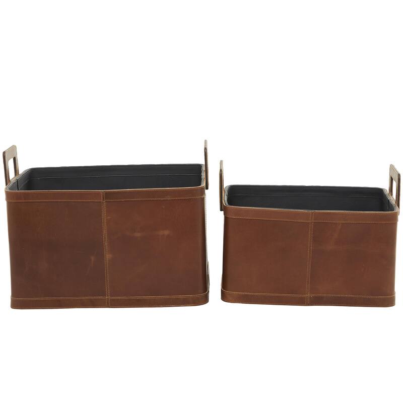 Leather Handmade Decorative and Functional Storage Basket with Handles - Set of 2 Dark Blue or Brown - Roche River Decor