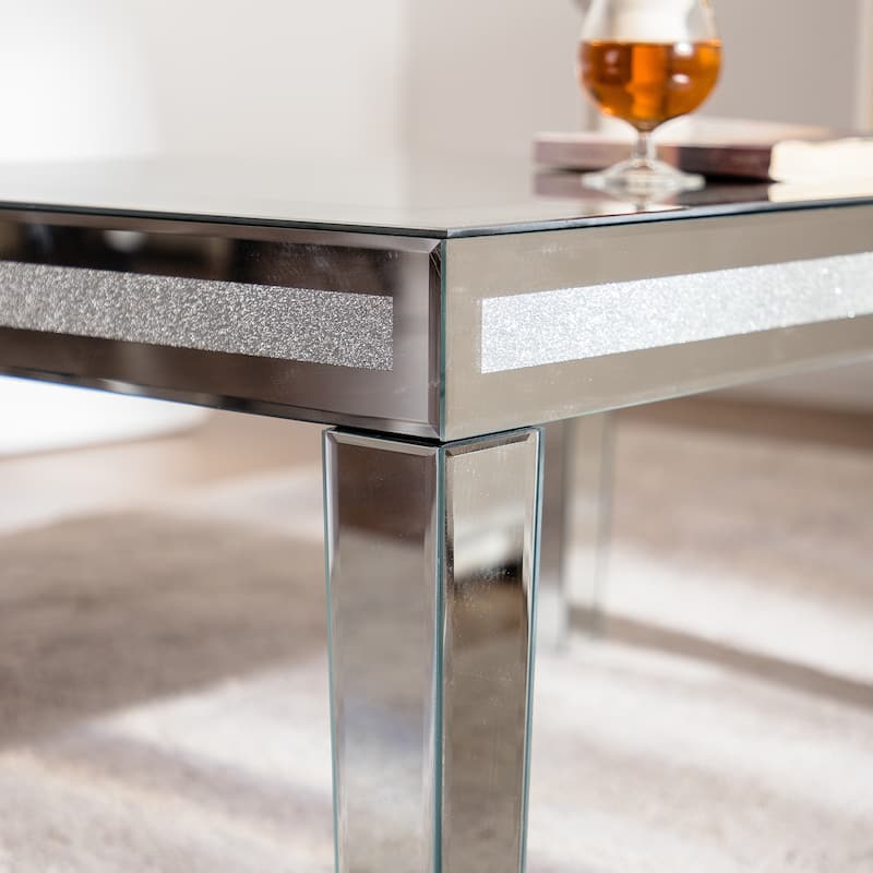 Silver Mirrored Coffee Table with Crushed Crystal Border, Clear Glass Rectangle Center Table for Living Room Luxury Accent Table