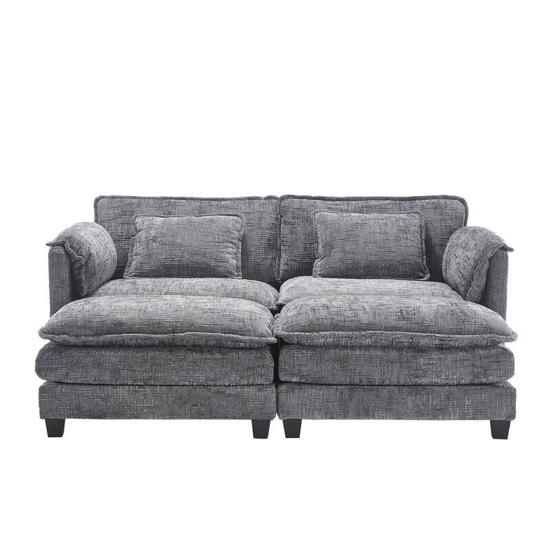 76.77" Chenille Upholstered Sofa with 2 Ottomans