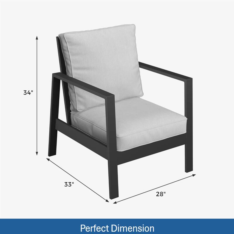 Set of 2 28" Aluminum Patio Armchairs with Thick Light Gray Cushions Black Frame