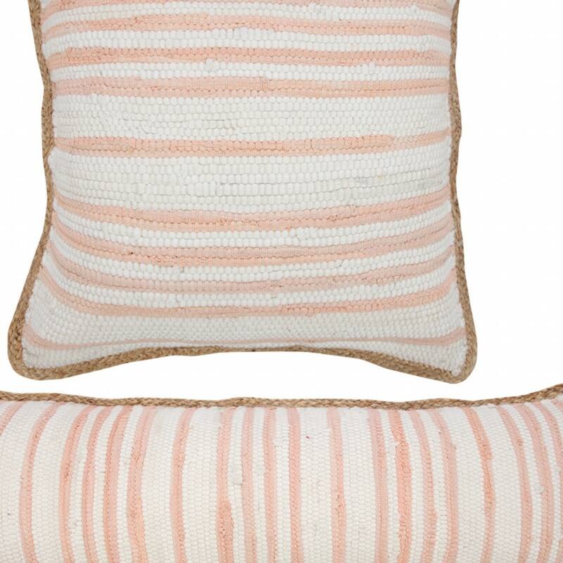 HomeRoots 20" X 20" Coral Pink White And Tan 100% Cotton Striped Zippered Pillow