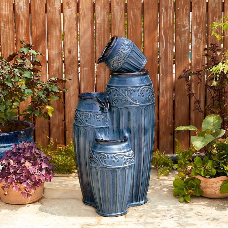 Glitzhome 27"H/35"H 4-Tier Embossed Pattern LED Ceramic Pots Fountain
