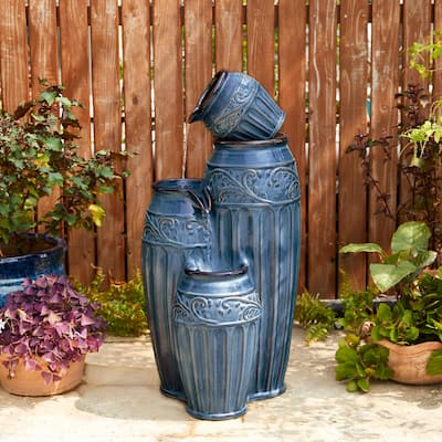 Glitzhome 27"H/35"H 4-Tier Embossed Pattern LED Ceramic Pots Fountain
