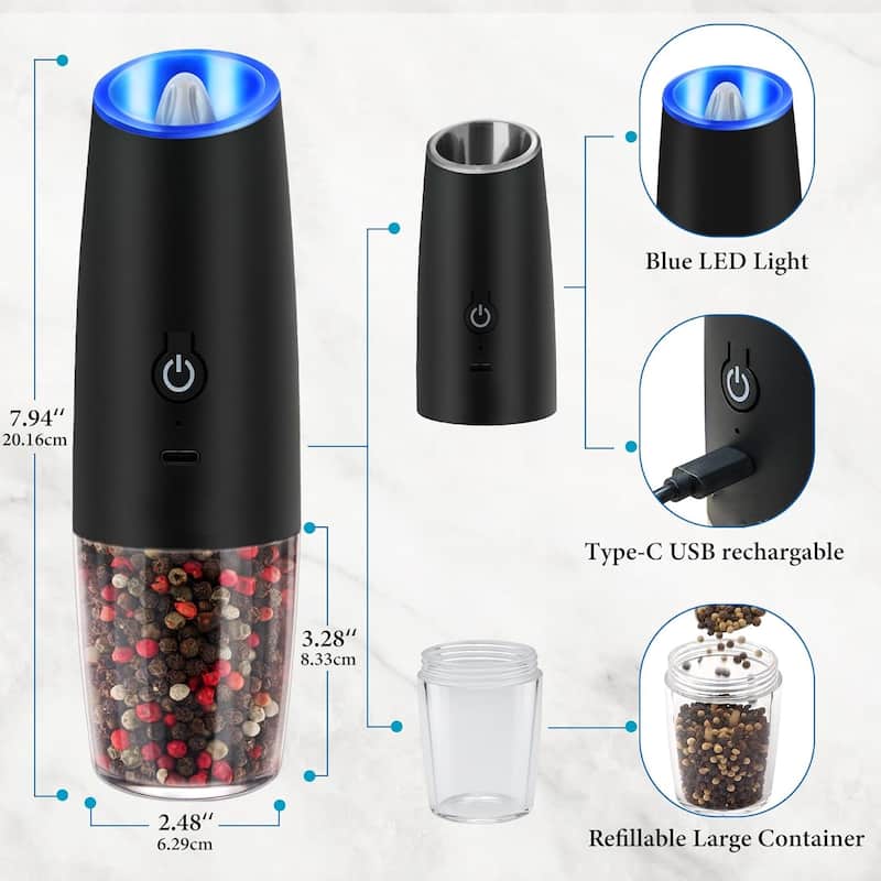 Electric Salt and Pepper Grinder Set 2-Pack USB Rechargeable One-Hand Operation Adjustable Coarseness - 2:48" x 7.94"