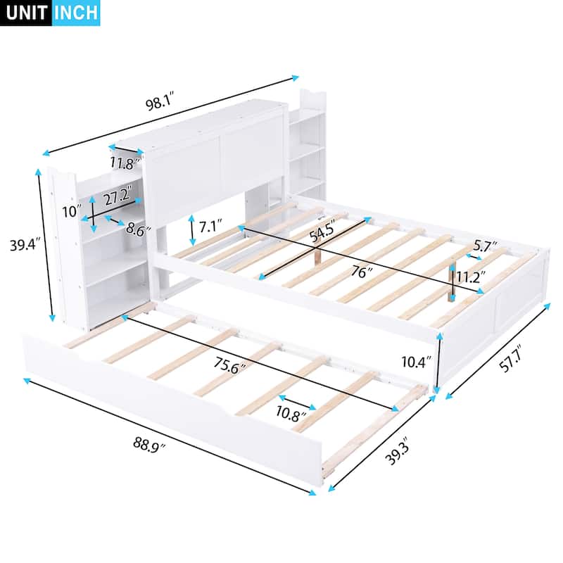 White Full Size Platform Bed with Twin Trundle and Pull-Out Storage Shelves