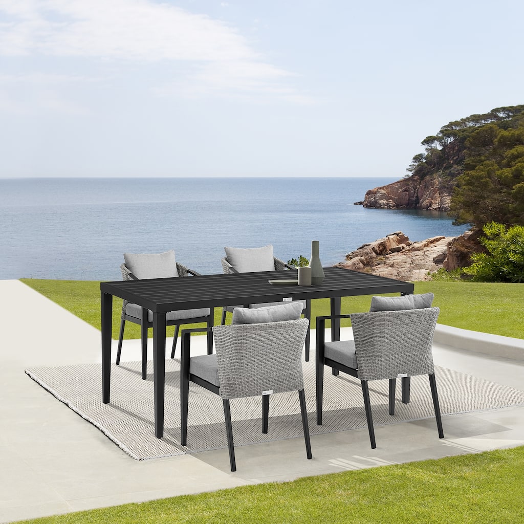 Aileen Grey Wicker Rattan and Black Aluminum Outdoor 5 Piece Dining Set