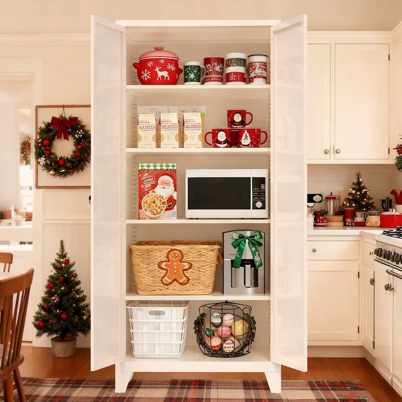 71" 2 Shapely Door Cabinet With Lock, Metal Storage Cabinet with Doors and Adjustable Shelves, for Kitchen Bedroom Living Room