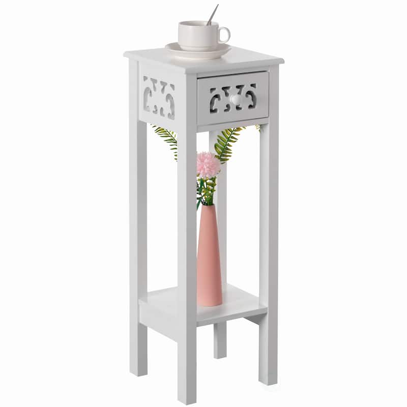 Acacia Wood Slim Bedside Table with Minimalist Design and Space-Saving Functionality, Wood Drawer and Open Shelf Side Table - White