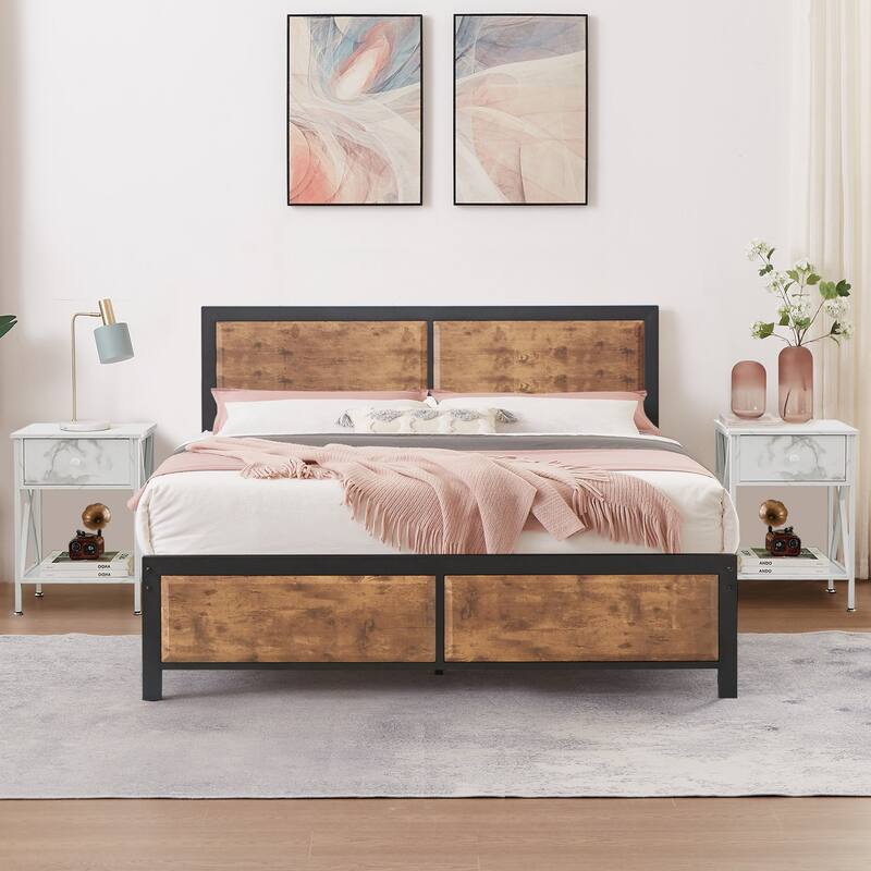 VECELO 3-Pieces Bedroom Sets, Platform Bed with Headboard and Set of 2 Nightstands