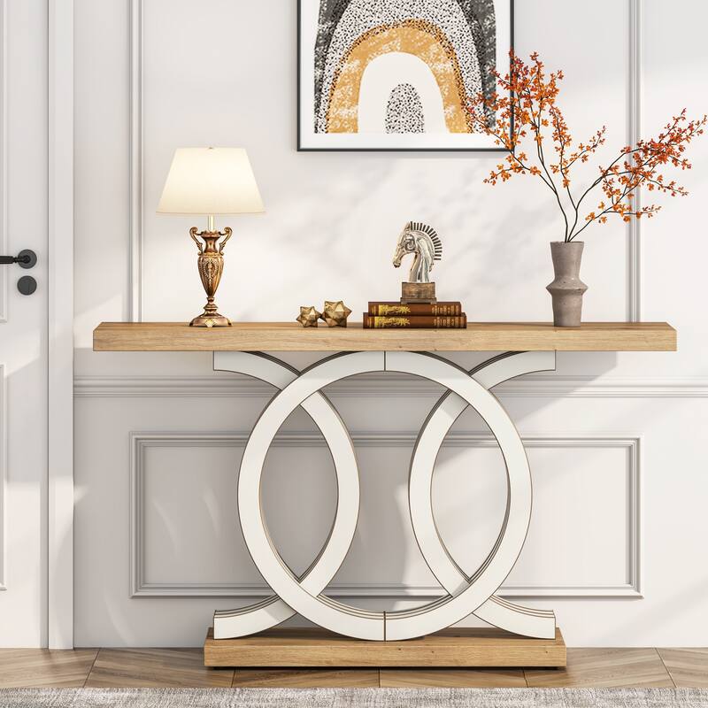 55 Inch Console Table with Geometric Base Wooden Hallway Table Vintage - Beige