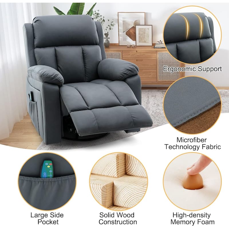Heated Massage Recliner Chair with 360° Swivel, Rocking Feature, and Side Pocket for Living Room