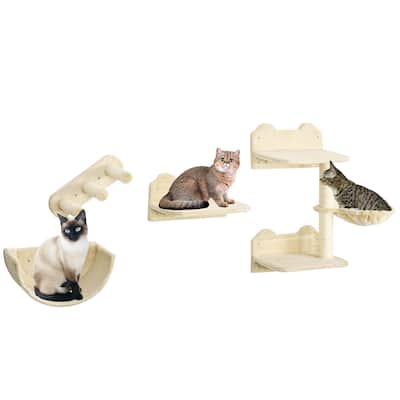 PawHut Cat Wall Shelves, 4 Pcs Cat Wall Furniture Cat Climbing Shelf with Cat Hammock, 3 Steps, Perches, Scratching Postfor