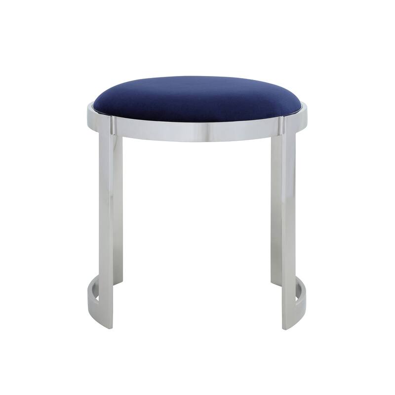 Niyo 19 Inch Accent Stool Ottoman, Round Seat, Soft Blue Velvet, Silver