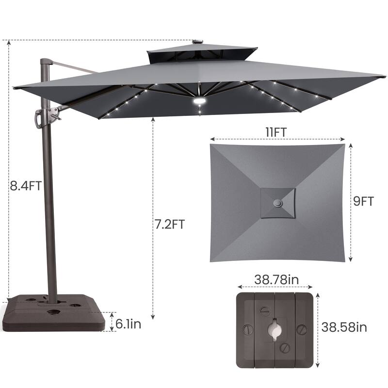 9 x11 FT LED Lighted Patio Cantilever Umbrella Double Top with Weighted Base