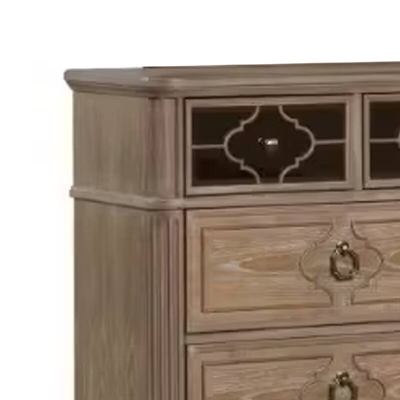 Lyla 7 Drawer Wide Dresser, Rustic Oak Solid Wood, Antique Mirror Panels