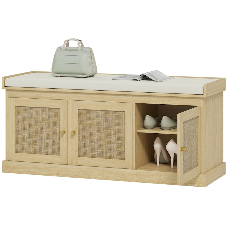 Shoe Storage Bench with Woven Rattan Doors, Shoe Bench with Cushion