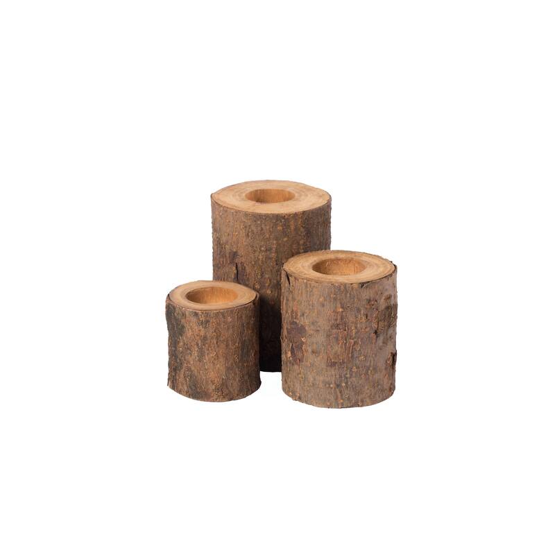 Bark Wooden Pillar Tree Stump Tea Light Rustic Candle Holder - Set of 3