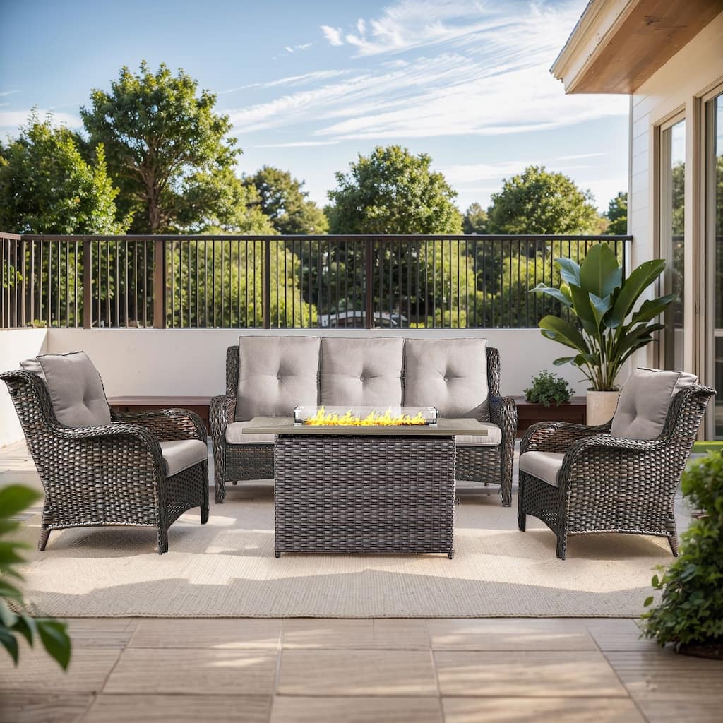 Fire Pit Table with Patio Sofa Club Chairs Brown-Beige - Brown