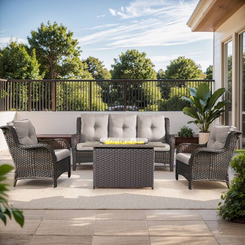 Fire Pit Table with Patio Sofa Club Chairs Brown-Beige - Brown - Brown - Beige