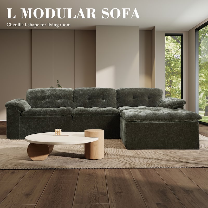 Rossetta L-Shaped Modular Chenille Cushioned Extreme Comfort Sofa with Detachable Backrest and Armrests, 1 Removable Ottoman