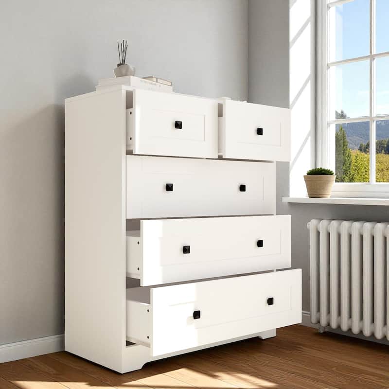 White 5-Drawer Chest Farmhouse Dresser Storage Cabinet Modern Chest of Drawers for Bedroom Living Room Organizer