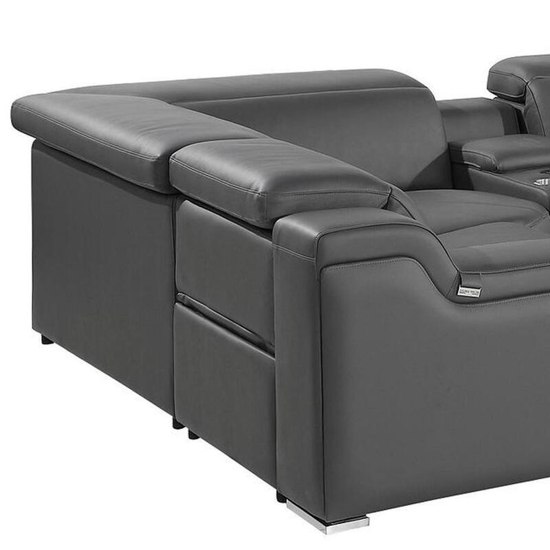HomeRoots Dark Gray Italian Leather Power Reclining U Shaped Eight Piece Corner Sectional With Console