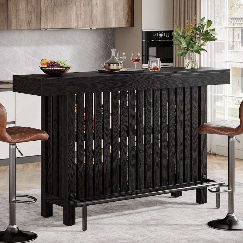 Home Bar Unit, Modern 2-Tier Bar Table with Footrest - 15.75"D x 62.99"W x 41.54"H - Black