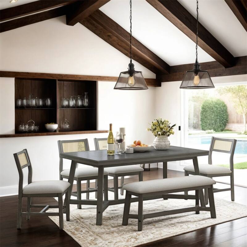 6-piece Retro Dining Set with Table,4 Upholstered Chair and Bench