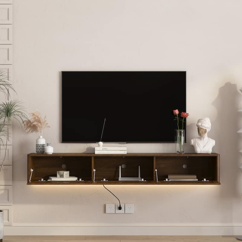 Floating LED TV Stand for Living Room, Wall Mounted TV Console Table with Power Outlet