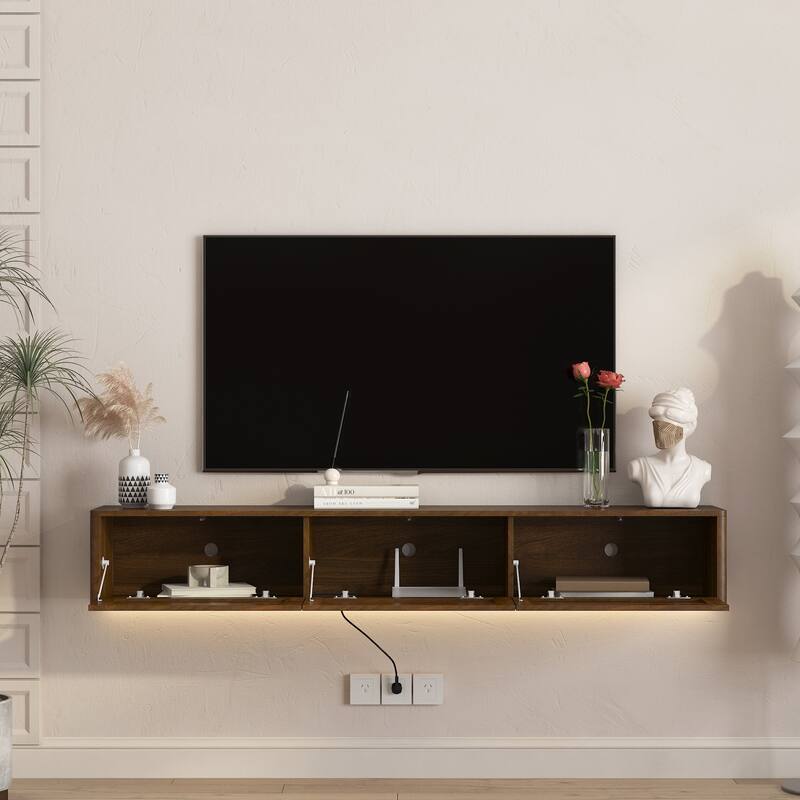 Wall Mounted TV Stand, High Gloss Floating TV Stand with LED Lights & Power Outlet - Walnut
