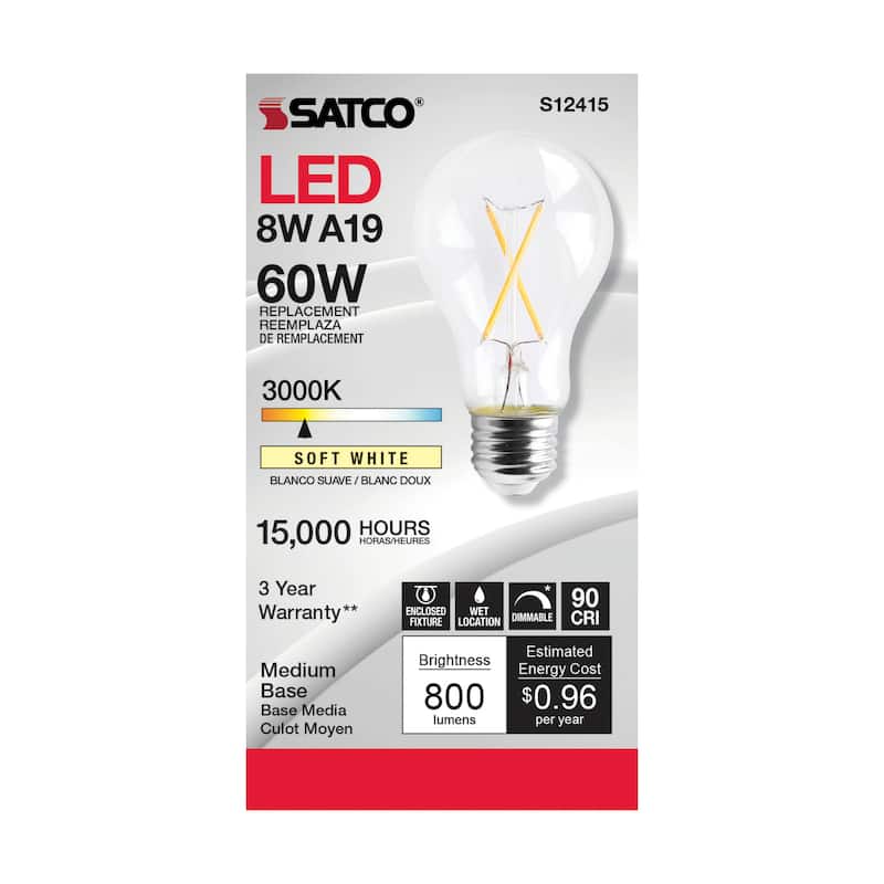 8 Watt LED A19 Clear Medium Base 3000K 90 CRI 120 Volt - N/A