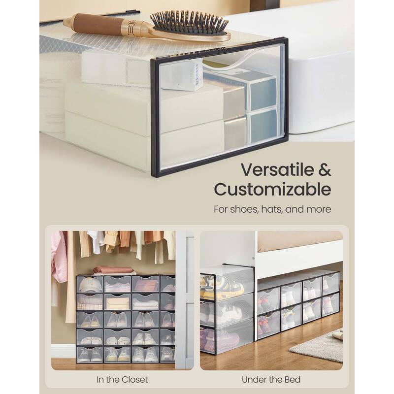 12 Pack Clear Plastic Stackable Shoe Boxes with Doors and Cutout Handles for Closet Storage - 9.1”L x 13.1”W x 5.6”H