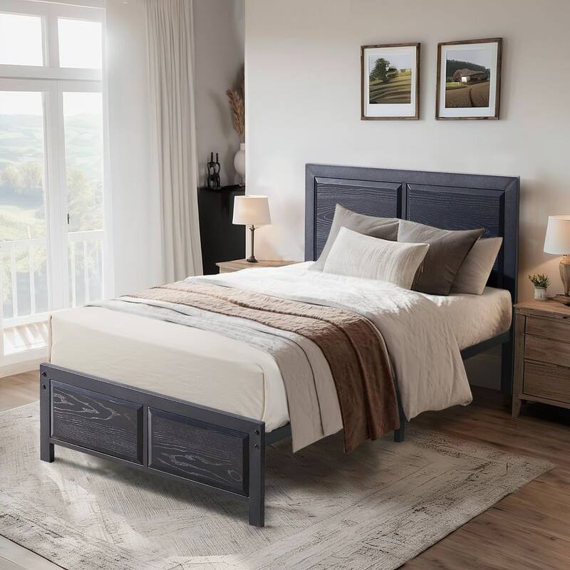 VECELO Platform Bed Frame with Wooden Headboard, Heavy Duty Steel Slats Support, No Box Spring Needed