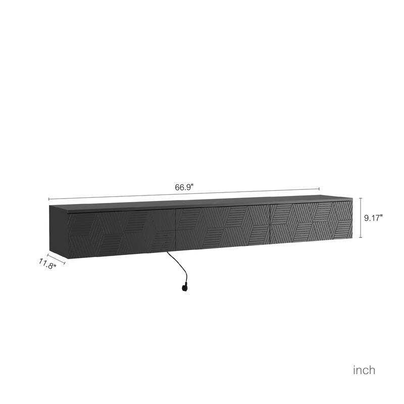 Wall Mounted Floating TV Console with 16-Color LED Lights, 67" Modern Media Shelf with Storage & Cable Management