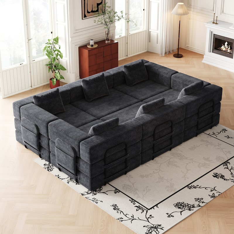 Corduroy Folding Loveseat Couch Set of 3 Convertible Sleeper Sofa Bed with Side Pockets, Modular Floor Mats with Anti-slip Pads