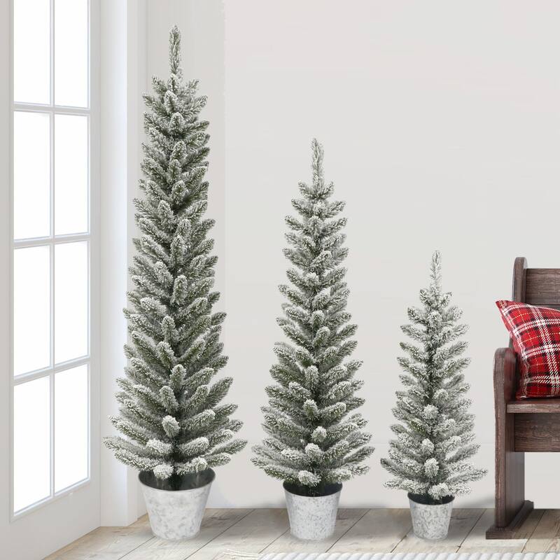 Potted Flocked Pine Pencil Artificial Christmas Tree - 5’ - Unlit - Set of 3 - 5 Foot