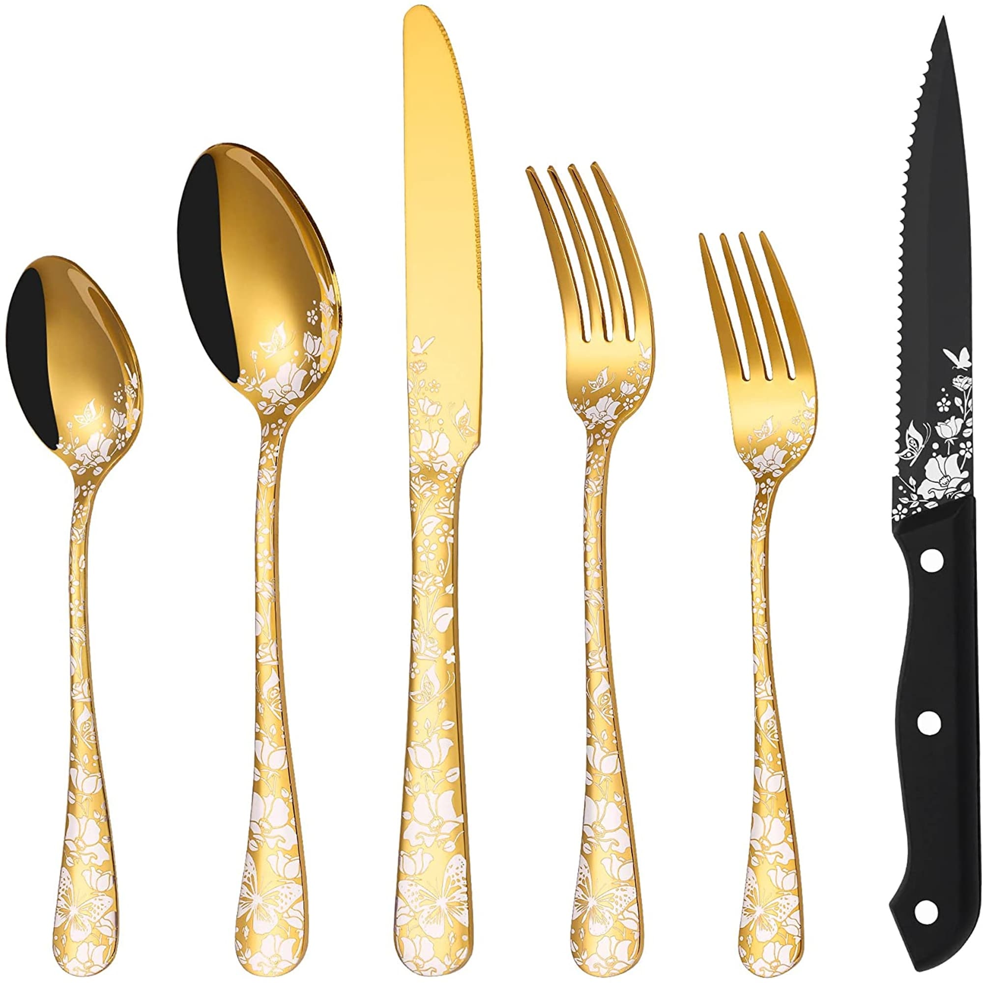 24-Piece Black Silverware Set with Steak Knives for 4, Flatware ...