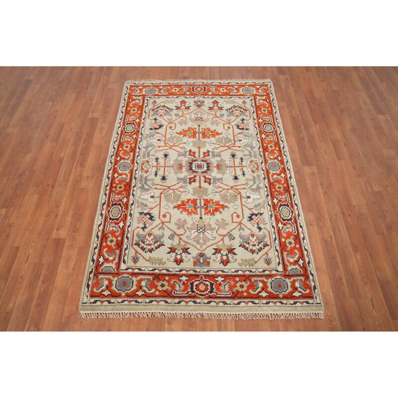 Hand Knotted Oriental 100% Wool Carpet Transitional Floral Beige & Ivories Oushak Area Rug - 5' 11'' X 4' 0''