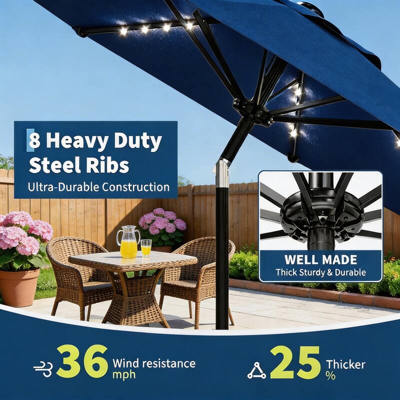 9 ft Patio Umbrella, 8 Sturdy Ribs, with Lights
