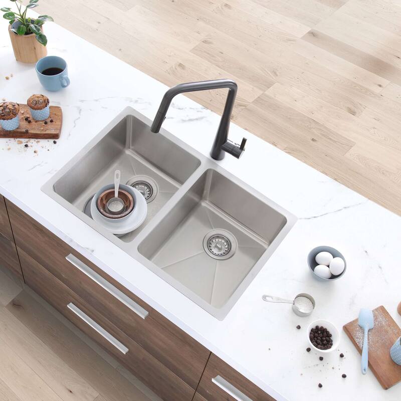 STYLISH Toledo DualMount 31" Stainless Steel Double-Bowl Kitchen Sink with Strainers - 31" x 18" x 9" - Brushed Stainless Steel
