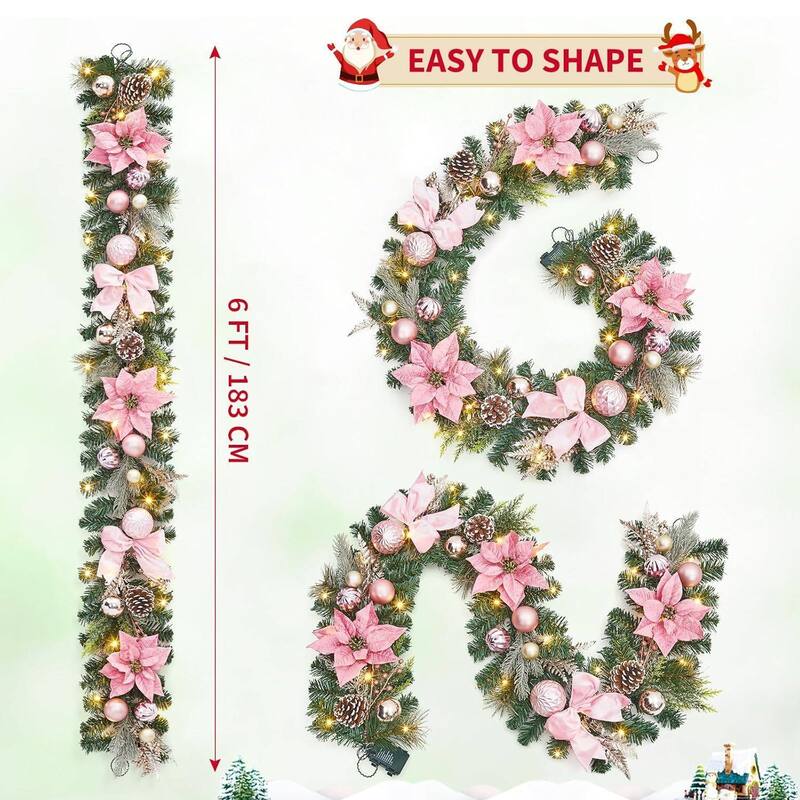 6ft Pink Flowers Christmas Garland with 20 LED Lights - N/A