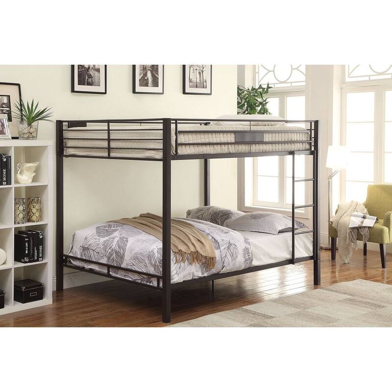Queen over Queen Size Metal Bunk Bed with Ladder and Fence for Bedroom - Black