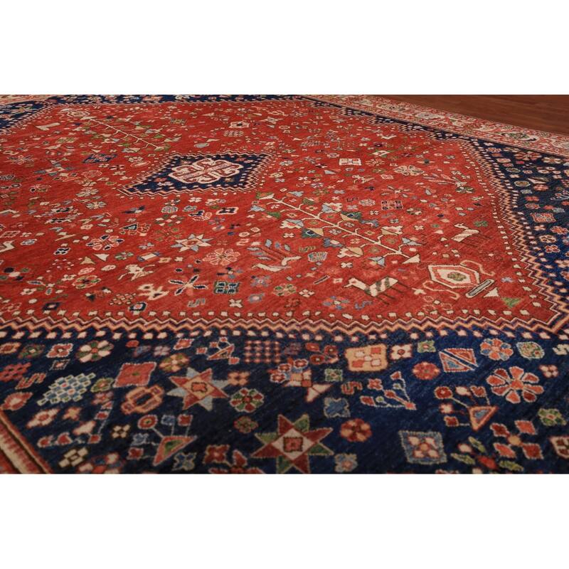 Tribal Geometric Yalameh Vegetable Dye Rug Hand-Knotted Wool Carpet - 9'0" x 11'6"