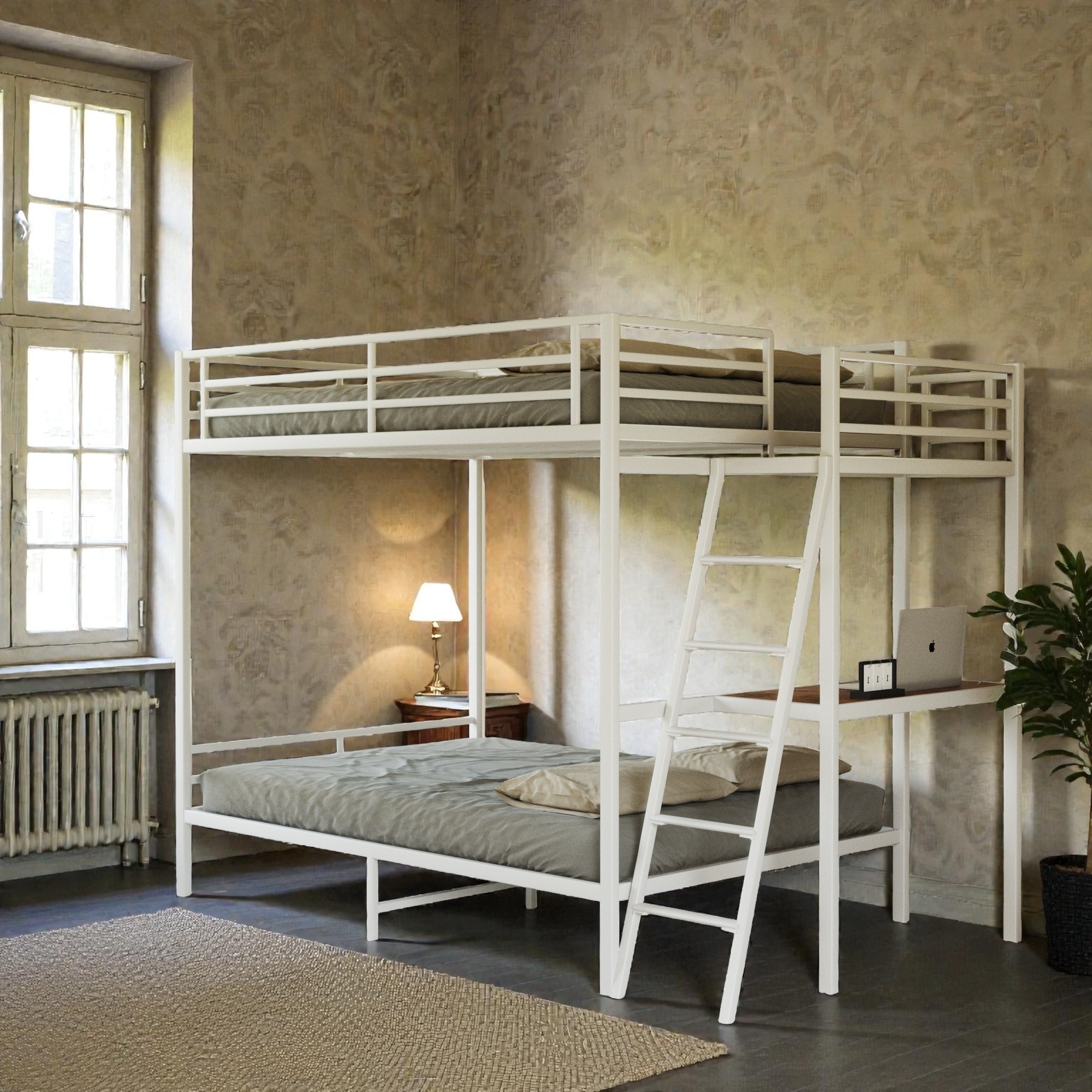 Full Size Loft Bed with Desk and Charging Station, Metal Bunk Bed Frame with Storage, RGB LED Lights, Space-Saving Design