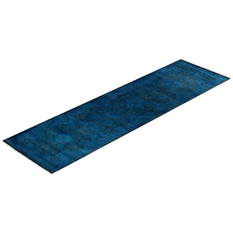 Overton Hand Knotted Wool Vintage Inspired Modern Contemporary Overdyed Blue Runner Rug - 2' 6" x 9' 4"