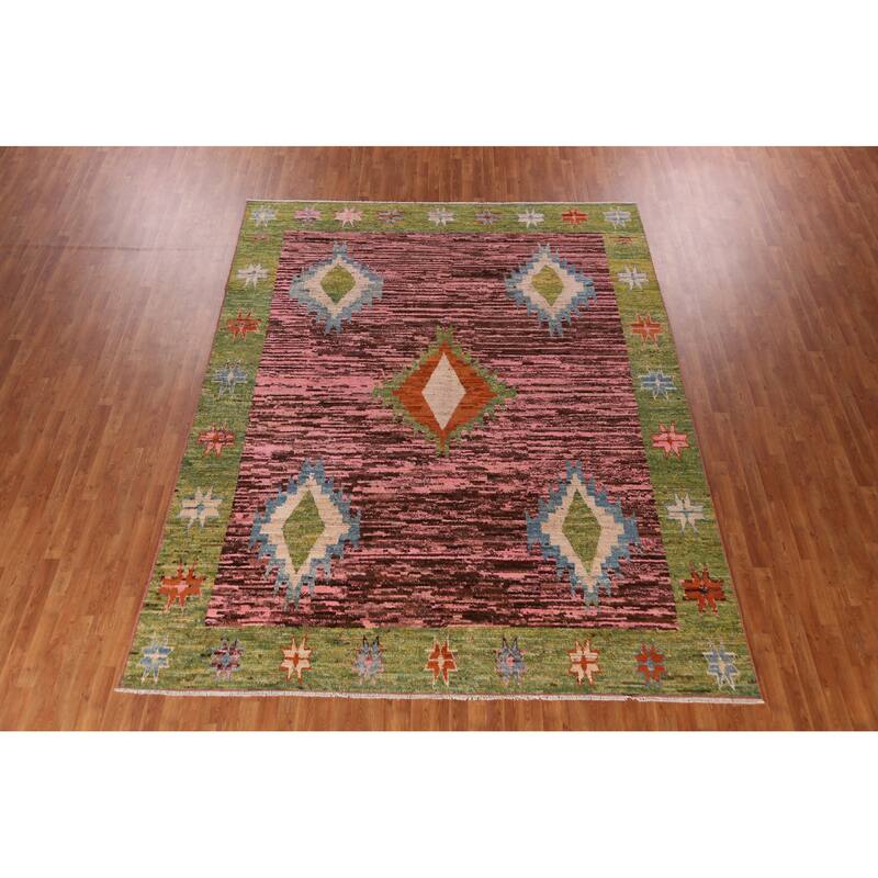 Pink Geometric Moroccan Oriental Rug Hand-Knotted Wool Carpet - 9'3" x 11'10"