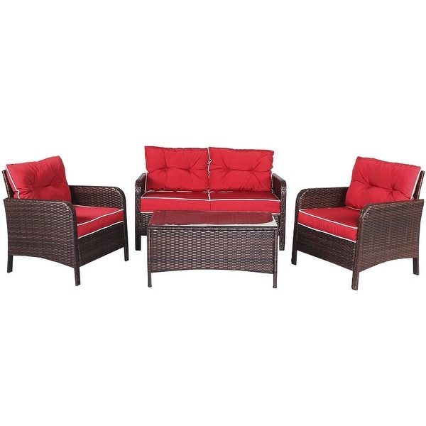 4 pcs Outdoor Rattan Wicker Loveseat Furniture Set w/ Cushions-Red