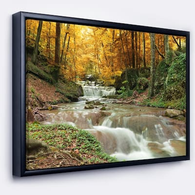 Designart "Forest Waterfall with Yellow Trees" Large Landscape Framed Canvas Art Print